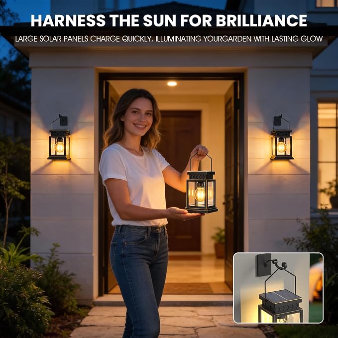 2 Pack Farmhouse Solar Lanterns ,Glass Solar Lights Bulb ,Outdoor Waterproof Upgraded Solar and 2 AA Batteries Powered, for Outside Porch, Patio and Indoor Tables, Mantelpiece.