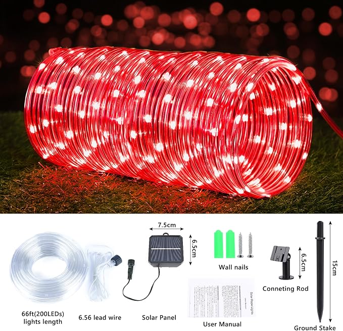 Jnaurb Solar Rope Lights, 66ft 200LED Solar String Lights, 8 Modes Waterproof Solar Outdoor Light, Flexible Clear Trampoline Light for Garden Backyard Patio Deck Porch Pool Tree Decor - Red