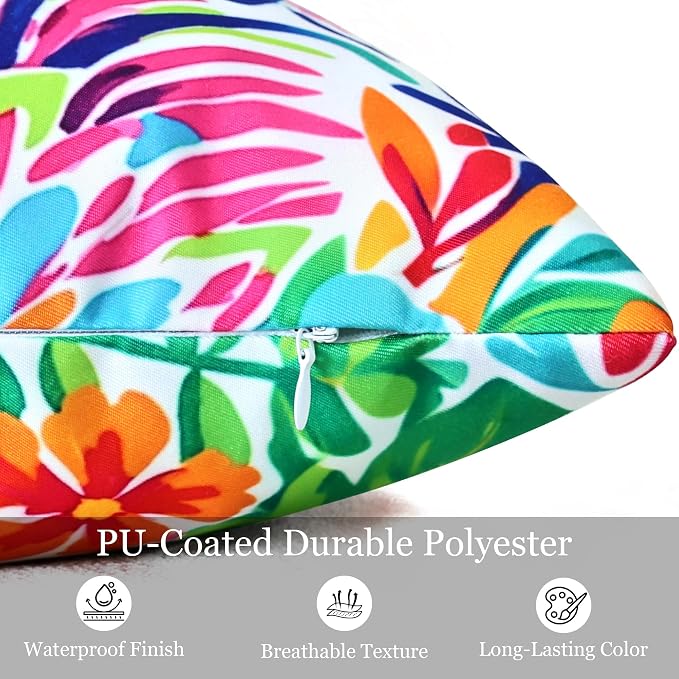 Outdoor Pillow Covers 20x20 Inch Set of 2, Tropical Floral Plants Modern Throw Pillows Cases, Spring Waterproof Square Garden Cushion Sham for Patio Funiture Tent Balcony Bench Sofa Couch