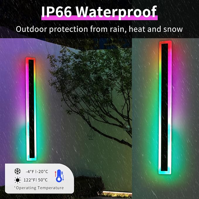 57inch Long LED Outdoor Wall Light, RGB Exterior Lighting Fixture, Dimmable Modern Wall Sconce, 10 Colors, IP65 Waterproof, Wall Mounted Lamps for Porch, Garage, Yard, with Remote Control