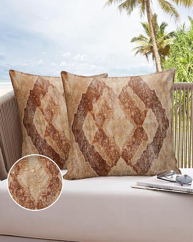 Outdoor Waterproof Pillow Covers Set of 2, Meddle Century Vintage Brown Mural Pattern Patio Throw Pillow Covers, Decorative Cushion Case for Couch Sofa Furniture Garden, 24x24 Inch