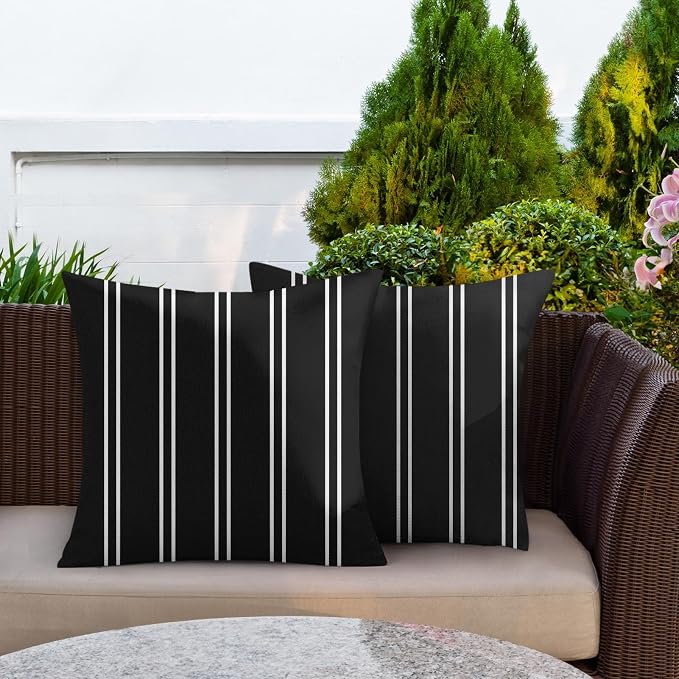 Outdoor Throw Pillow Covers, Stripes, Set of 2, 18 x 18 Inch | Black and White Pillowcase Square Cushion Case Farmhouse Garden Decorative Pillows for Couch Beach Patio