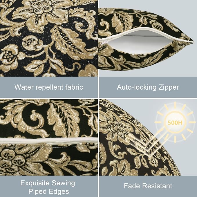 LVTXIII Outdoor Pillow Covers Set of 2, Patio Waterproof Throw Pillow Cases Fade Resistant Accent Pillow Covers for Spring Summer Garden Decoration, 16x16 Inch, Jacobean Black