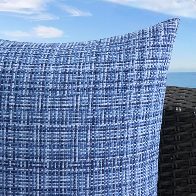 UGASA Outdoor Waterproof Throw Pillow Covers Pack of 2 Patio Water Resistant Pillow Cases Summer Woven Texture Decorative for Outside Garden Porch Yard Bench Tent 18x18 Inch, Navy Blue