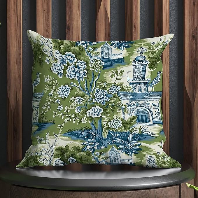 Pagoda Garden Imperial Green Chinoiserie Outdoor Throw Pillow Covers Asian Peacock Floral Waterproof Throw Pillowcase 24x24 in Rustic Accent Throw Pillow Covers for Patio Furniture Tent Garden