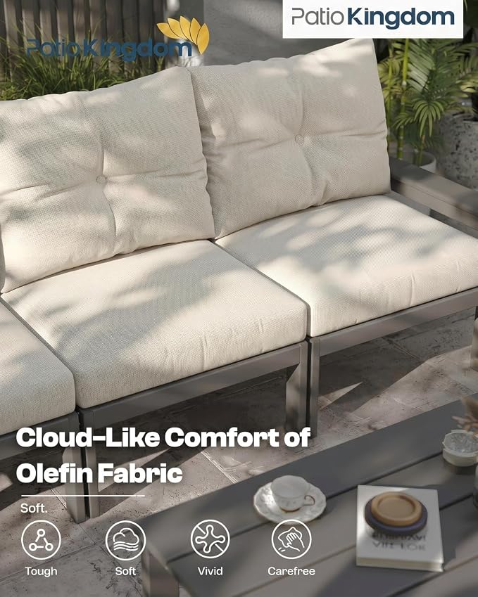 3 Piece HDPE Outdoor Patio Furniture Set, All-Weather 2 Armchairs with Side Table, Patio Conversation Set with Beige Washable Thick Cushion for Balcony, Porch (Grey Frame)