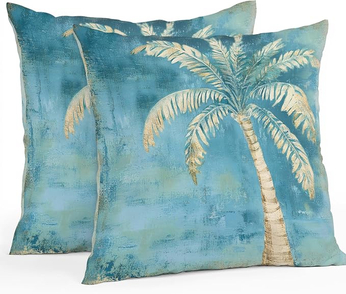 Coastal Beach Tree Teal Blue Outdoor Waterproof Pillow Covers, Vintage Summer Palm Tree Decorative Square Throw Pillowcase, Tropical Botanical Sofa Cushion Sham for Patio/Couch/Chair, 20"x20" 2 Pack