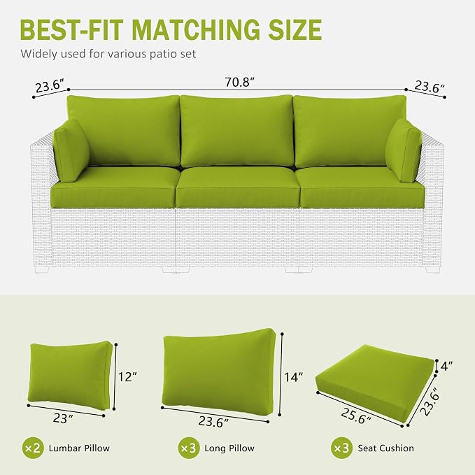 Outdoor Furniture Replacement Cushions, Waterproof Patio Furniture Cushions, 4" Deep Seat Outdoor Sectional Cushion for 3-Seat Outdoors Rattan Sofa Patio Sofa Cushion, Grass Green