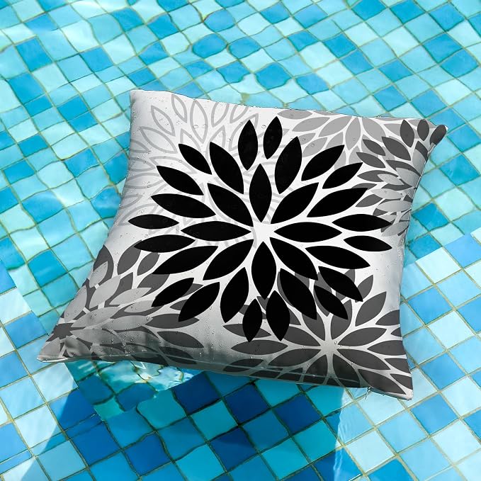 DFXSZ Outdoor Waterproof Pillow Covers 18x18 Set of 2 Black Grey Flower | Spring Summer Waterproof Flower Throw Pillowcases（No Inserts）Outdoor Decor for Patio Funiture Garden Polyester Covers