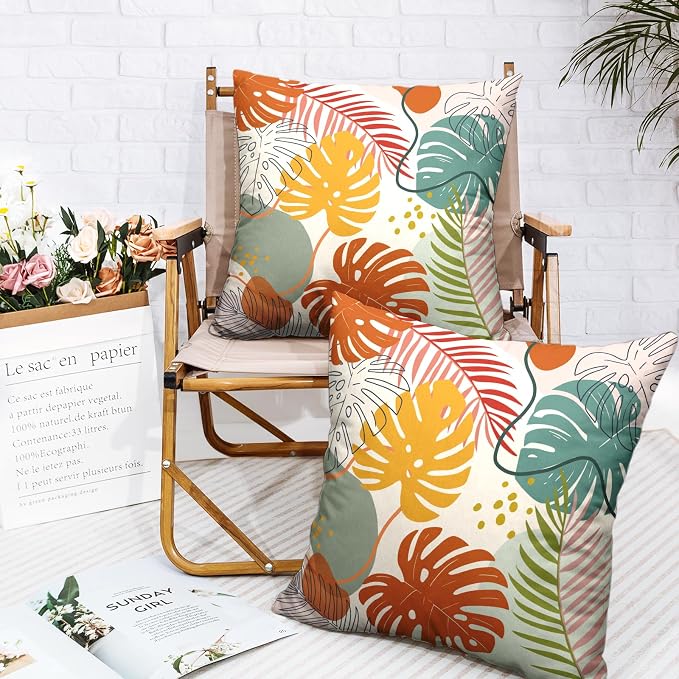 Abstract Tropical Pillow Covers Colorful Tropical Monstera Palm Tree Leaves Throw Pillow Covers Summer Boho Pillowcase 22x22 Set of 2 Neutral Cushion Case for Couch Sofa