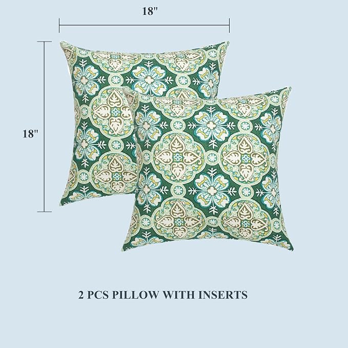 FUNHOME Outdoor Throw Pillows with Insert 18x18 Inch Pack of 2-Green Medal | Decorative Throw Pillows with Inserts, Water-Repellent, Square Pillows for Bed, Couch, Sofa and Patio Furniture
