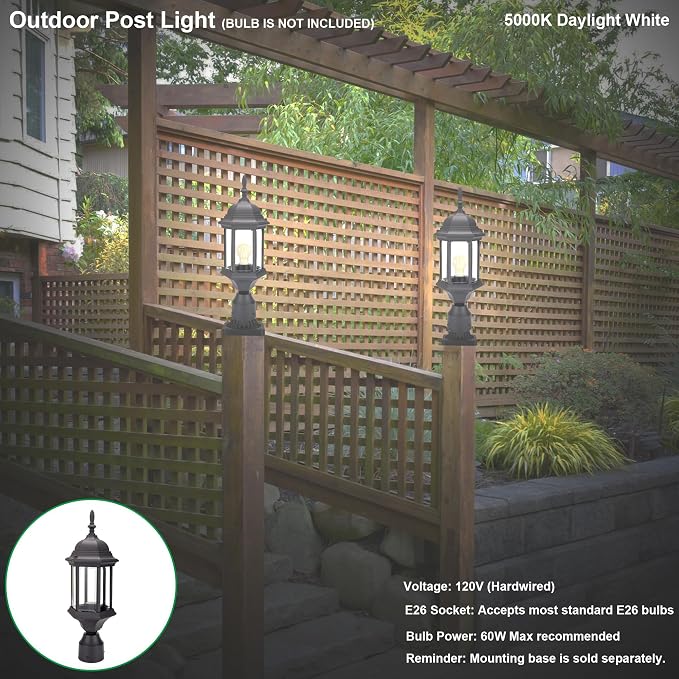 Outdoor Post Light, Rustproof Aluminum Pole Lamp, Black | Exterior Lamp Post Light Fixture for Garden, Yard, Pathway, Waterproof, Glass, E26 Base, Max 60W, 1 Pack