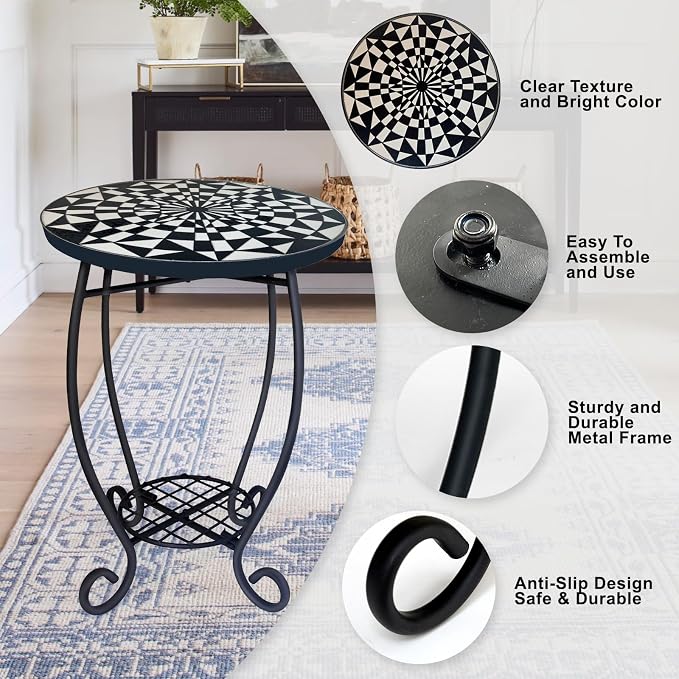 LIFFY Outdoor Side Table,12" Round Ceramic Tabletop Accent Table with Metal Frame, Indoor Small Decorative Plant Stand & End Table for Home, Patio, Garden