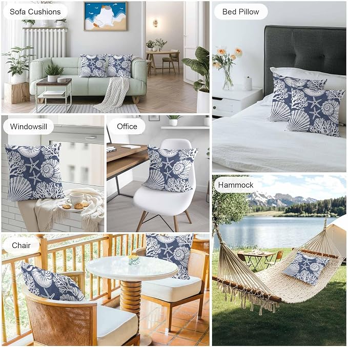 Outdoor Pillow Covers 16x16 Inch Set of 2, Navy Blue Starfish Coastal Waterproof Throw Pillow Covers, Summer Coral Shell Beach Nautical Decorative Cushion Pillowcases for Couch Sofa Bed Garden Patio