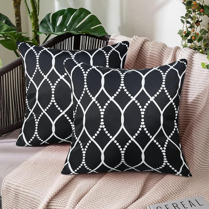Adabana Outdoor Waterproof Pillow Covers Set of 2 Black Farmhouse Throw Pillow Covers for Funiture Garden Patio 18 * 18 Inch