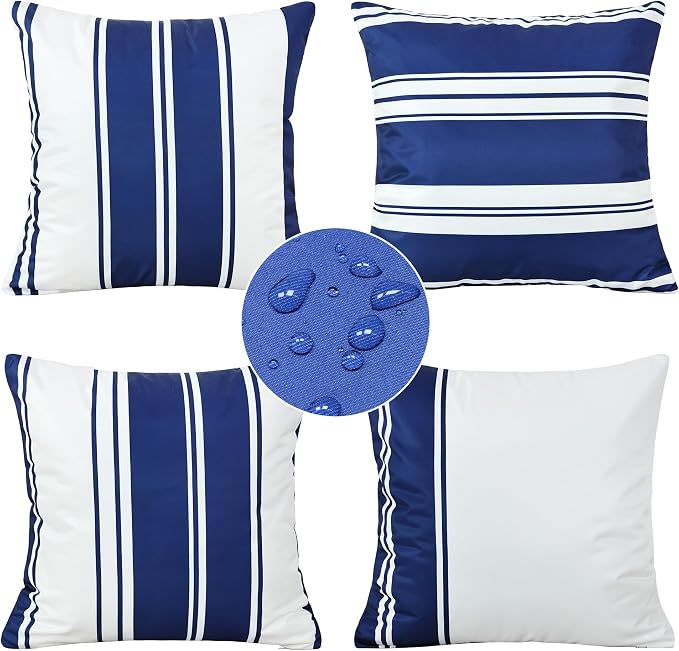 4 Pack Outdoor Waterproof Throw Pillow Covers 18x18 Inch | Striped Navy Blue Decorative Pillow Cover, Modern Outdoor Cushion Cases for Garden Patio Balcony Bench Couch Sofa