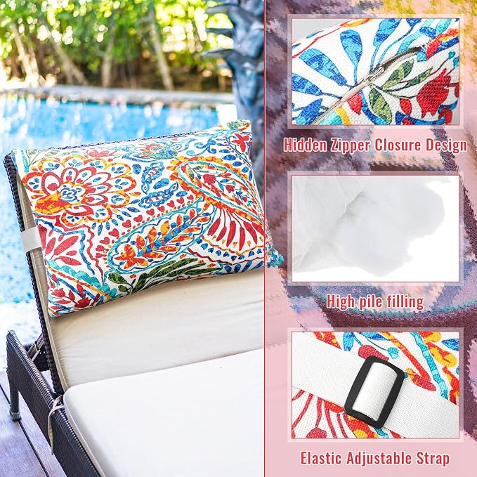 Juexica 2 Pack Chaise Lounge Pillow with Strap Outdoor Waterproof Beach Chair Neck Headrest Pillow Adjustable Elastic Band for Hammock Lumbar Recliner Pillows for Patio Pool Chair(Paisley)