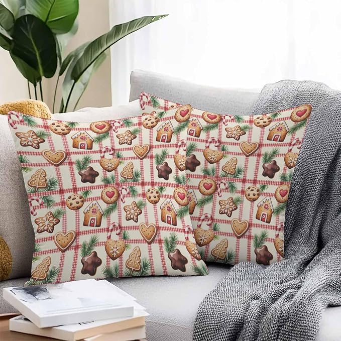 Outdoor Waterproof Throw Pillow Covers, Christmas Cartoon Gingerbread Man Plaid Candy Canes Pine Leaves House Pillowcases Cushion Covers Cases for Patio Couch Bench, Pack of 2 Square, 16X16 Inch