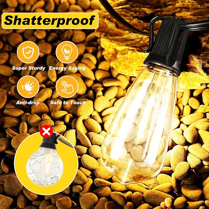 50FT LED Outdoor String Lights Waterproof, Edison Lights for Outside | with 27 Shatterproof Vintage Edison Bulbs Connectable Hanging Patio Lights for Yards Balcony Porch Bistro Garden Decor
