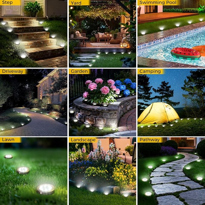4 Pack Solar Ground Lights Outdoor, 8 LED Mini Flat Solar Disc Lights, IP65 Waterproof Pathway Lights Solar Powered, Landscape Lighting for Garden Walkway Driveway Yard Lawn,Cool White