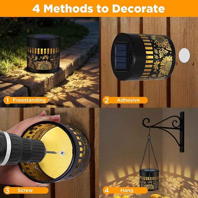 2 Pack Solar Fence Lights Outdoor, Metal Solar Powered Wall Deck Step Light | Sunflower Theme, Hanging LED Waterproof Decorative Lighting for Garden Patio Backyard Post Decor, Warm White
