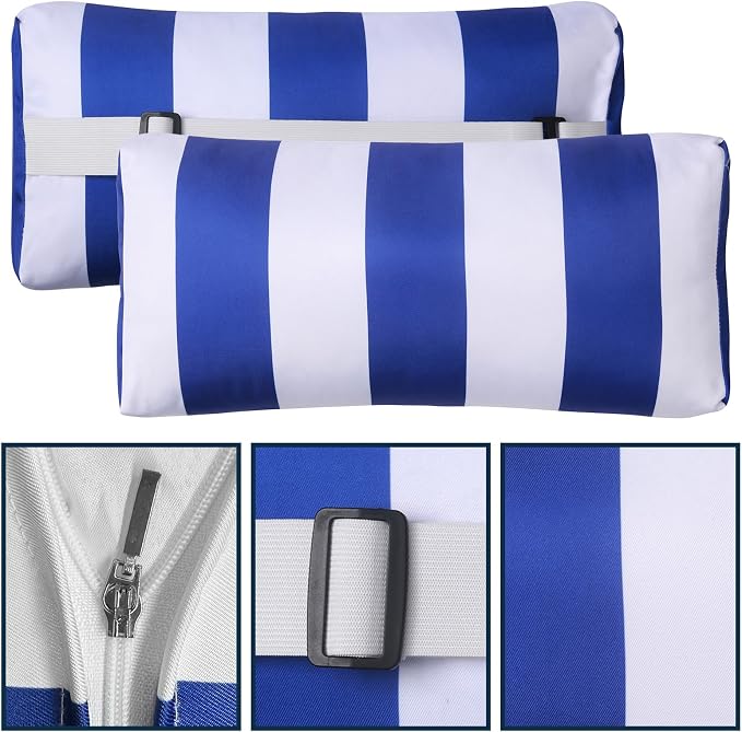 Outdoor Pillow for Chaise Lounge Chair, 2pcs Striped Chaise Lounge Pillows, Adjustable Strap Head Lumbar Pillow for Patio Pool Beach Office, Dark Blue