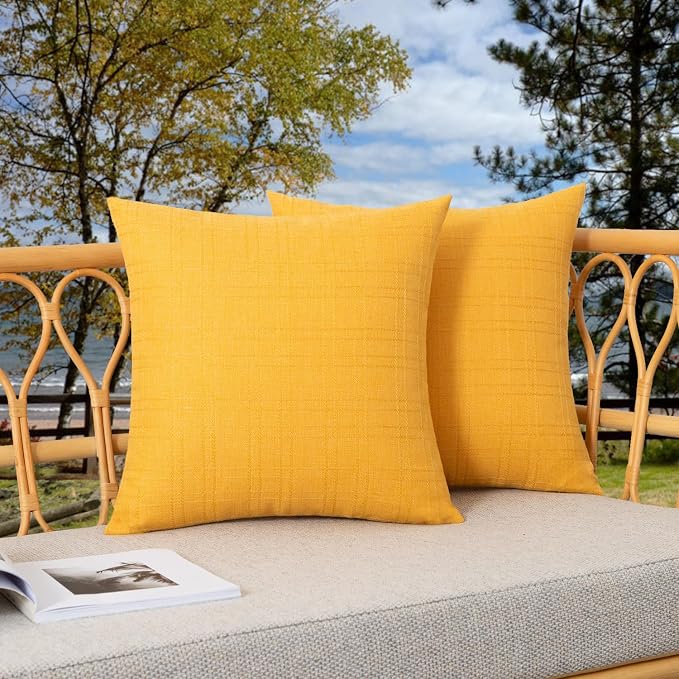 Kevin Textile Outdoor Waterproof 16”x16” Pillow Covers 2 Pack, Dark Yellow | Water Resistant, Soft Faux Linen-cotton Yarn-dyed Woven Texture Throw Pillow Covers for Tent Patio Garden Couch Sofa