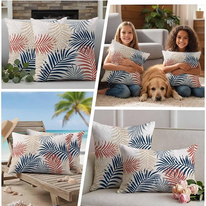 Outdoor Waterproof Throw Pillow Covers, Red Blue Yellow Palm Leaves Decorative Pillow Cases, Summer Botanical Tropical Leaf Couch Pillow Protector Patio Sofa Cushion Covers Replacement 16"x16" 2 Pack