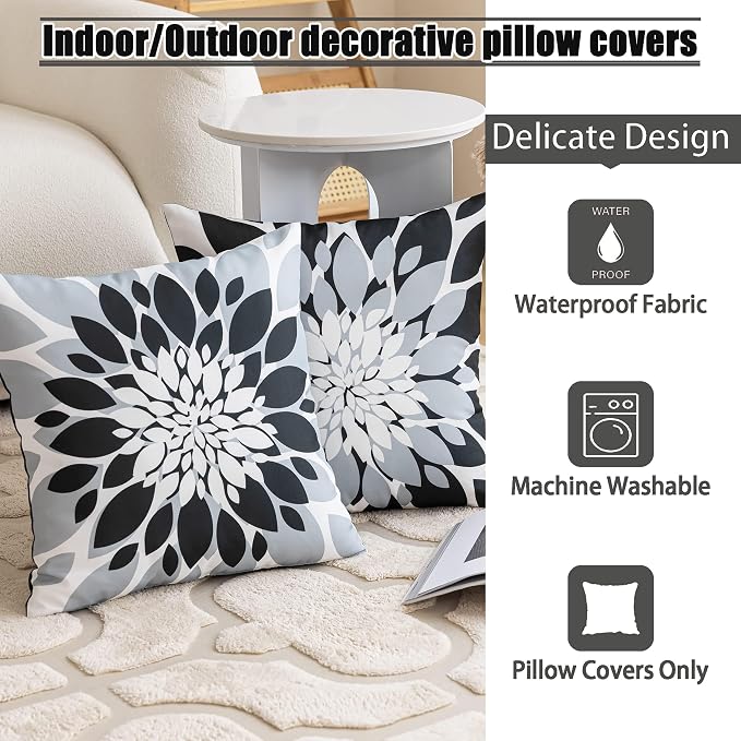 Pack of 4 Outdoor Waterproof Pillow Covers 18x18 Decorative Outdoor Throw Pillows Garden Square Cushion Cases for Patio Furniture, Couch, Tent Sunbrella, Bench, Black Grey
