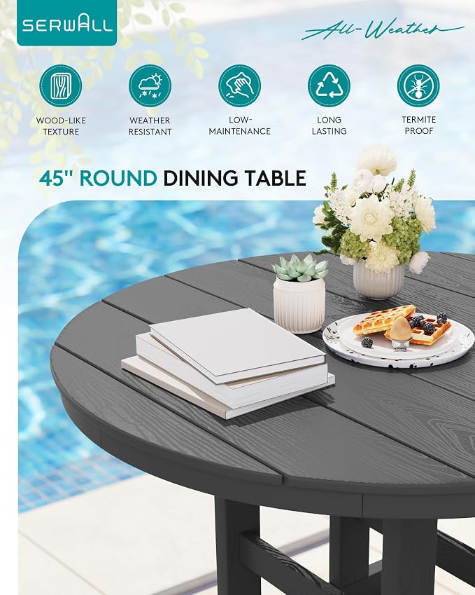 SERWALL 6-Piece Patio Dining Sets with Umbrella, HDPE Outdoor Table and Chairs Furniture Set, 45" Round Dining Table & 4 Adirondack Dining Chairs & 1 9FT Umbrella, Grey(Not Include Umbrella Base)