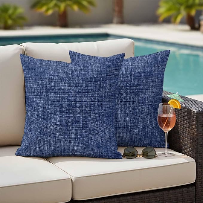 Outdoor Waterproof Throw Pillow Covers Set of 2 Navy Blue Linen Pillowcases 24x24 Inches Farmhouse Pure Color Decorative Pillows Cushion Case Patio Pillows for Couch Bed Chair Garden