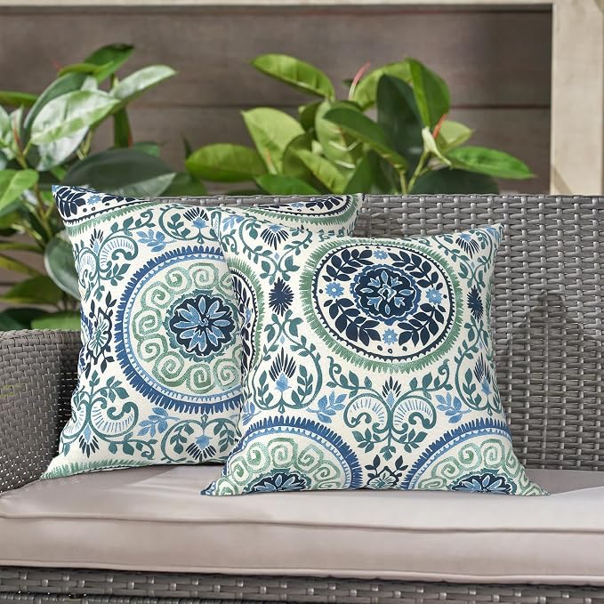 LVTXIII Outdoor Throw Pillows 16x16 Inch, Set of 2 Square Decorative Pillows with Inserts for Patio Furniture, Porch Chair, Garden Sofa, Coastal Medallion