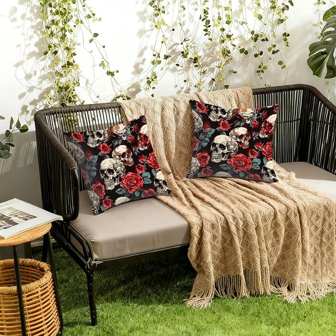 22x22 Inch Outdoor Pillow Covers Set of 2 Waterproof Throw Pillow Covers Decorative Couch Cushion Covers Floral Rose Skull Square Pillowcases Protectors for Patio Garden Sofa