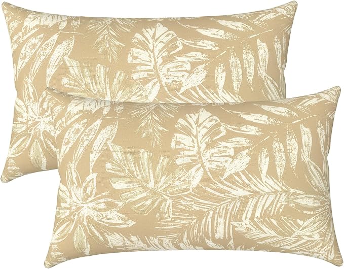 LVTXIII Outdoor Lumbar Pillow Covers Only Set of 2 Patio Decorative Pillow Cases, Water Repellent Lumbar Cushion Cases for Sofa, Patio Couch Garden Use, 12x20 Inch, Tropical Leaf Oat