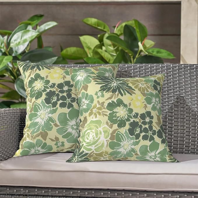 LVTXIII Outdoor Throw Pillows 16x16 Inch, Set of 2 Square Decorative Pillows with Inserts for Patio Furniture, Porch Chair, Garden Sofa, Green Rose