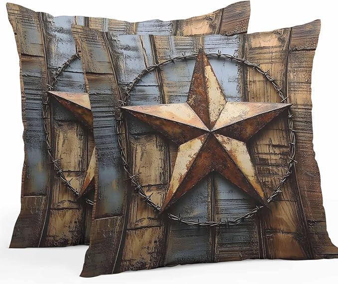 Rustic Star Brown Waterproof Outdoor Pillow Covers Set of 2 Home Decor, Vintage Farmhouse Wooden Grain Art Pillowcase Patio Pillow Covers for Couch Bench Furniture Garden 16x16in