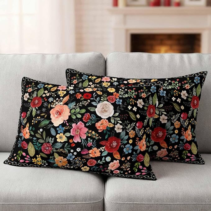 Watercolor Flowers Waterproof Outdoor Pillow Covers 20''x12'' Set of 2, Farmhouse Floral Patio Furniture Black Cushion Covers for Chairs, Decorative Vintage Wildflowers Pillow Cases for Garden/Pool