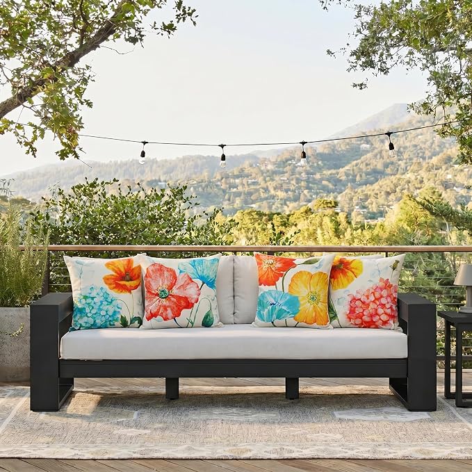 Summer Outdoor Throw Pillow Covers Waterproof, Lotus Flower Hydrangea Decor | 18x18 Summer Outdoor Pillow, Lotus Flower Decor, Hydrangea Pillow Covers, Set of 4, Outdoor Pillows for Porch Patio Furniture
