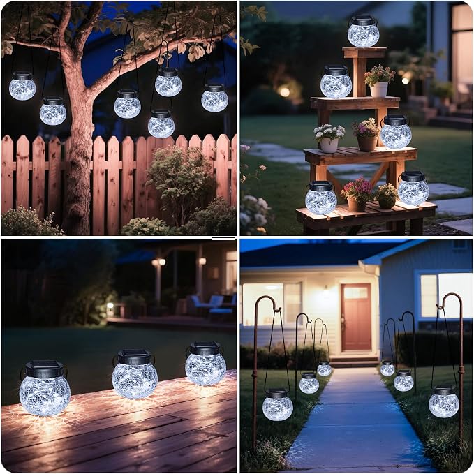 Kolpop Solar Lanterns Outdoor Waterproof 6 Pack, Hanging Solar Lights with 30 LED, Cracked Glass Hanging Globes for Garden Patio Fence Yard Christmas Tree Decoration, Cold White