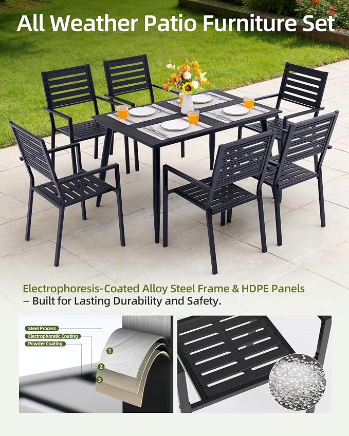 7-Piece Outdoor Dining Set - All-Weather HDPE Patio Table and 6 Stackable Chairs with Rust-Proof Steel Frame, Space-Saving Patio Furniture Set for Backyard (Black)