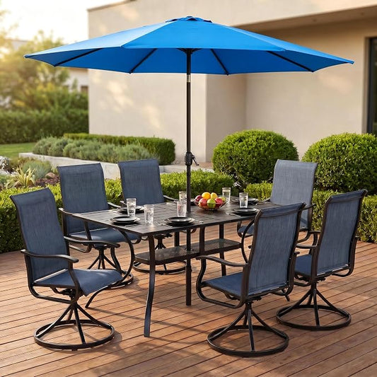 Crownland 7 Piece Furniture Patio Dining Set with Sky Blue Umbrella, 6 Swivel Metal Chairs and Rectangular Outdoor Dining Table, Outdoor Furniture Dining Set for Lawn, Backyard, Garden(Blue)