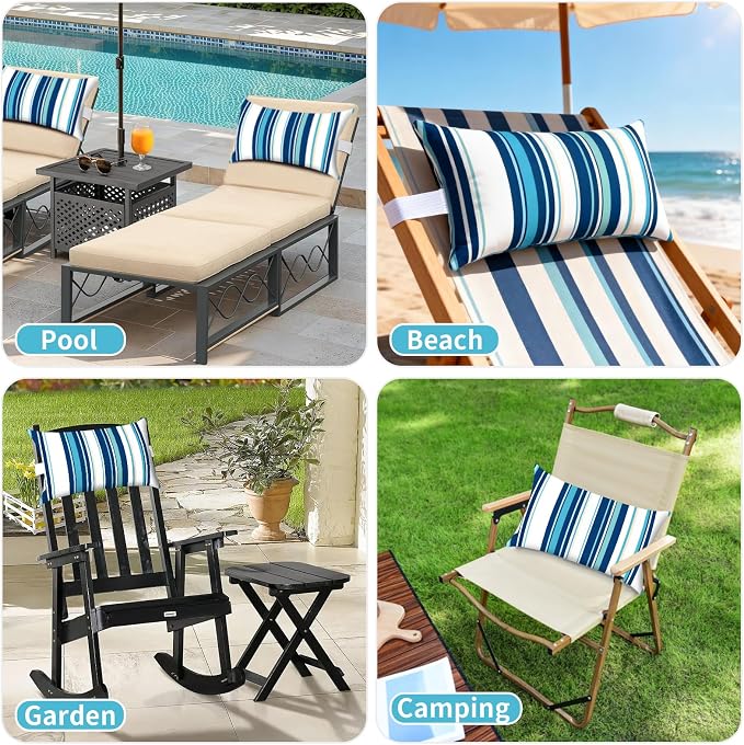 Outdoor Pillows for Lounge Chair Head Resting 2 Pack Waterproof | Headrest Lumbar Pillows with Adjustable Strap for Recliner Beach Pool Lounger Chair, Blue Stripes