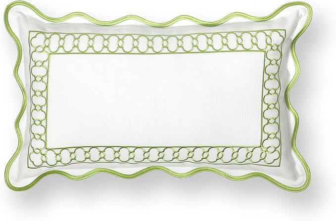 Hofdeco Premium Coastal Patio Indoor Outdoor Scalloped Lumbar Pillow Cover Only, 12"x20" Water Repellent for Backyard, Couch, Green Embroidered Begonia Pattern Chain Frame