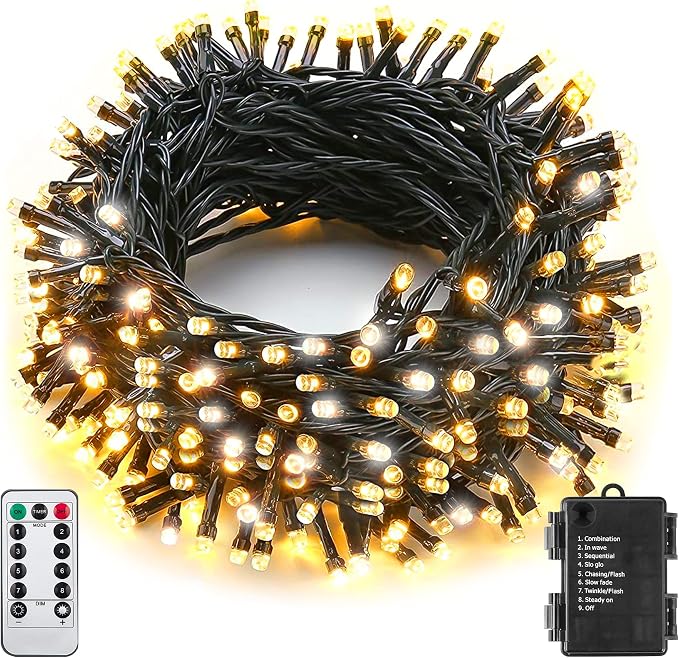 Battery Operated String Lights, 33Ft 100LED Warm White Fairy Lights, IP65 Waterproof Remote Control Timer 8 Modes for Christmas Garden Wedding Party Patio Indoor Outdoor Decor
