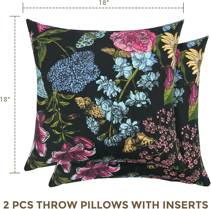 Throw Pillow with Insert, Set of 2, Outdoor Indoor Waterproof Decorative Patio Throw Pillow 18x18 Inch, Square Cushion for Couch Sofa Garden Farmhouse Decoration-Black Butterfly Flower