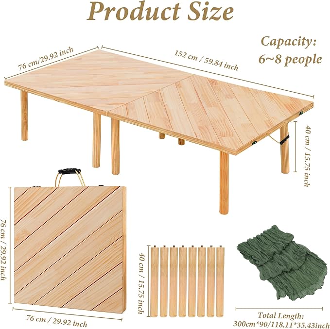 Wooden Folding Picnic Table - 60" x 30" Boho Low Picnic Table with Table Runner, Foldable Table for Indoor Outdoor Camping, Wedding, Beach, Garden, Party(Large Size for 6-8)