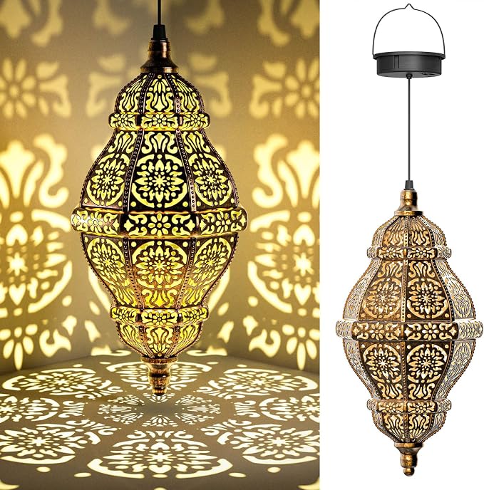Twinkya 2 Pack Hanging Solar Lights Outdoor Garden Decor, Waterproof Plastic Moroccan Solar Powered Lantern Lamp, Outside Decorations for Patio Yard Porch Backyard Decor, Gardening Gifts for Women Mom