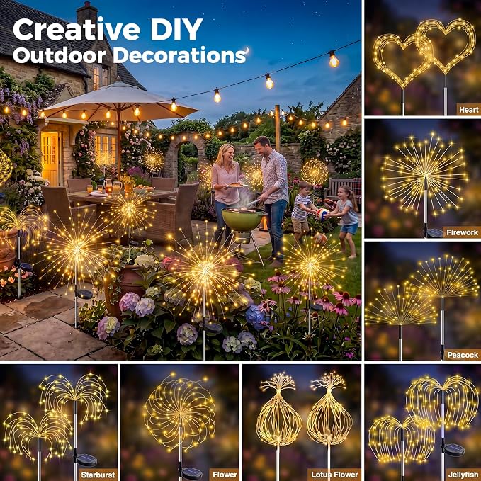 btfarm 3 Pack Solar Garden Lights Outdoor, 8 Modes Firework Lights Outside | 120LED, Waterproof Fairy Twinkle Light Solar Powered for Yard Christmas Pathway Lawn Pool Patio Decorative, Warm White