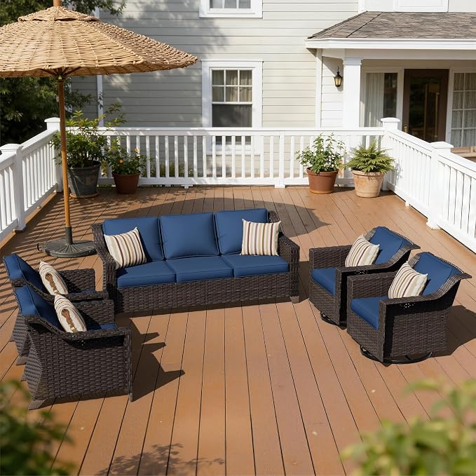 5 Pieces Patio Conversation Furniture Set - 1 Sofa, 2 Armchairs, 2 Swivel Chairs, Outdoor Wicker Furniture with Removable Cushions for Porch, Balcony, Sunroom (Blue)