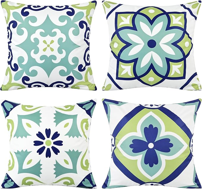 Outdoor Pillow Covers 18x18 Set of 4, Blue Green Morden Geometric Pattern Waterproof Throw Pillow Cover, Decorative Boho Farmhouse Cushion Cases for Summer Patio Funiture Garden Bench Couch